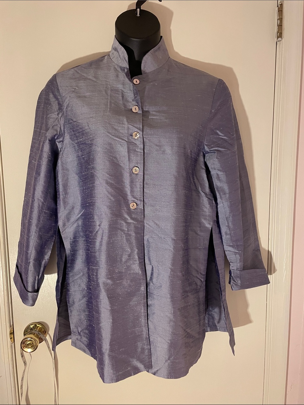 Linda BERTOZZI SILK SHANTUNG GRAY SHACKET BLOUSE M/L 20” X36”